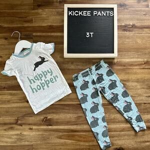 Kickee Pants Easter Happy Hopper Green Gray Bunny Two Piece Bamboo Pajama Set 3T